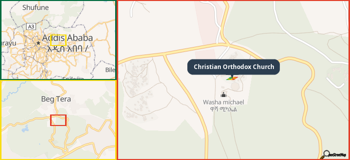 Map showing the address of Christian Orthodox Church in three different zoom levels.