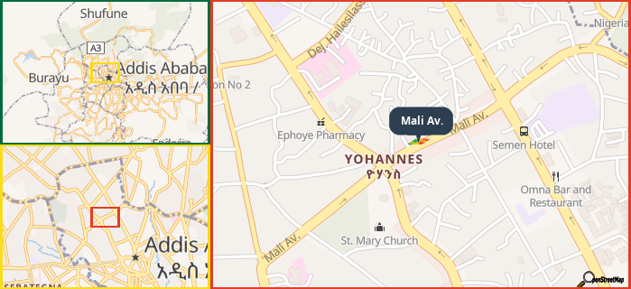 Map showing the address of Mali Av. in three different zoom levels.