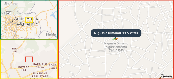 Map showing the address of Nigussie Dimamu  ንጉሴ ድማሙ in three different zoom levels.