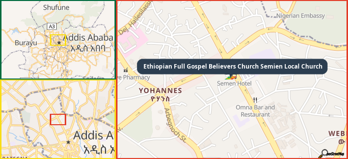 Map showing the address of Ethiopian Full Gospel Believers Church Semien Local Church in three different zoom levels.