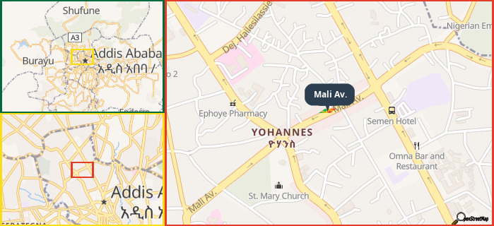 Map showing the address of Mali Av. in three different zoom levels.