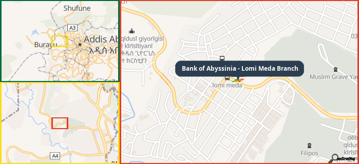 Map showing the address of Bank of Abyssinia - Lomi Meda Branch in three different zoom levels.