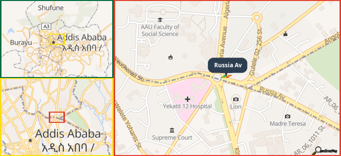 Map showing the address of Russia Av in three different zoom levels.
