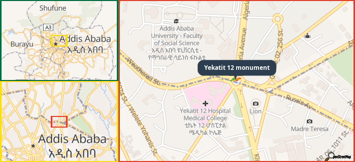Map showing the address of Yekatit 12 monument in three different zoom levels.