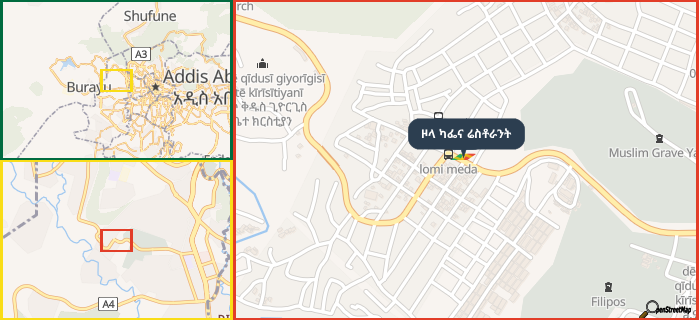 Map showing the address of ዞላ ካፌና ሬስቶራንት in three different zoom levels.