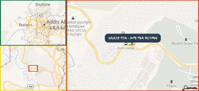 Map showing the address of አቢሲንያ ባንክ - ሎሚ ሜዳ ቅርንጫፍ in three different zoom levels.