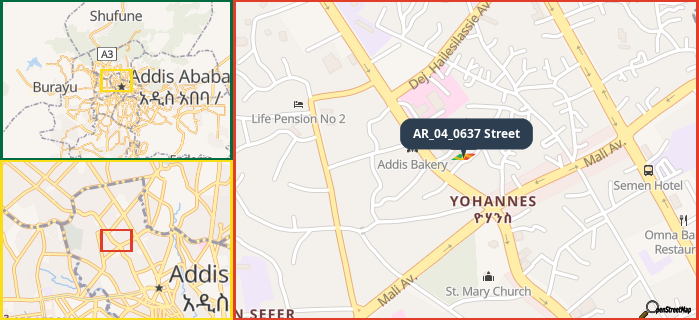 Map showing the address of AR_04_0637 Street in three different zoom levels.