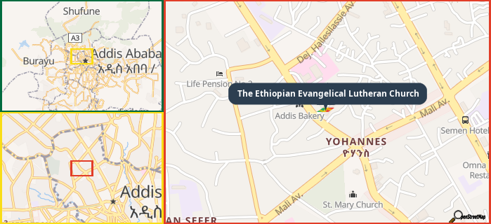 Map showing the address of The Ethiopian Evangelical Lutheran Church in three different zoom levels.