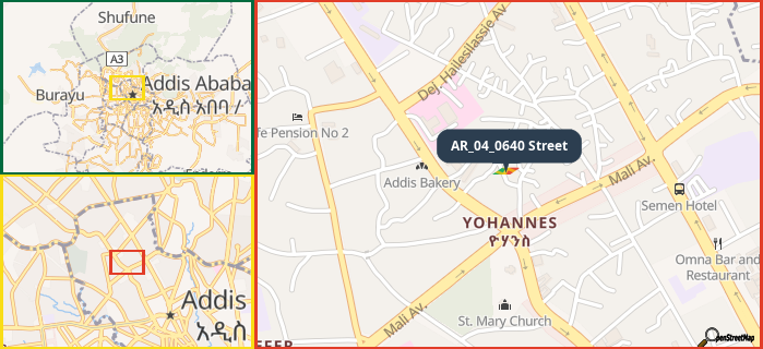 Map showing the address of AR_04_0640 Street in three different zoom levels.