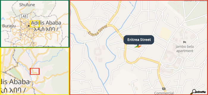 Map showing the address of Eritrea Street in three different zoom levels.