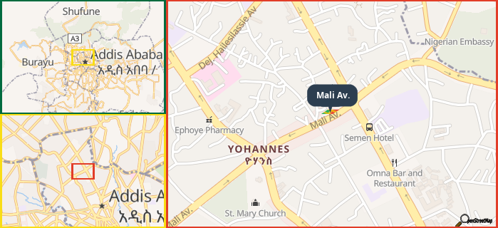 Map showing the address of Mali Av. in three different zoom levels.