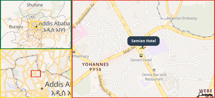 Map showing the address of Semien Hotel in three different zoom levels.