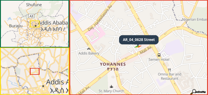 Map showing the address of AR_04_0628 Street in three different zoom levels.