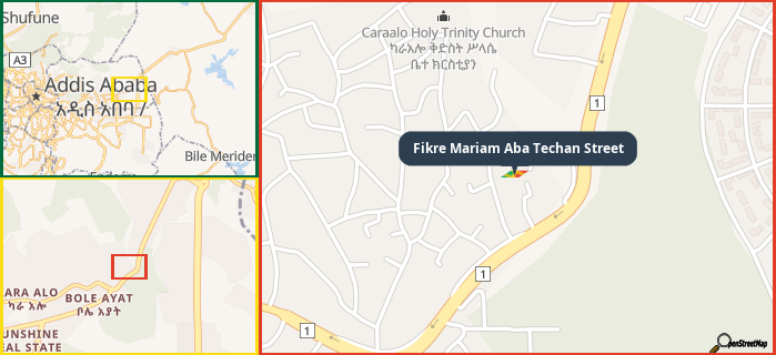 Map showing the address of Fikre Mariam Aba Techan Street in three different zoom levels.