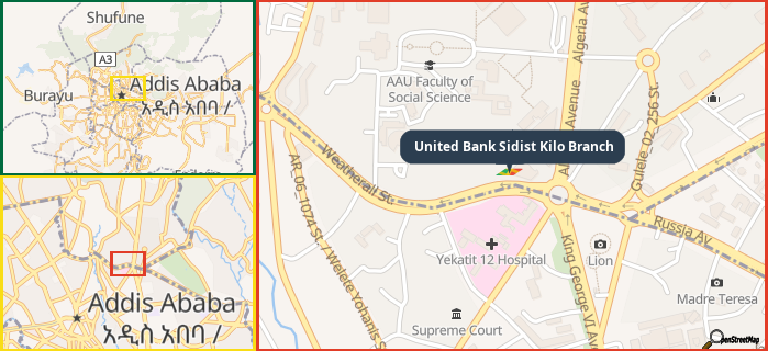 Map showing the address of United Bank Sidist Kilo Branch in three different zoom levels.