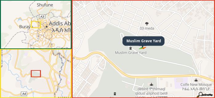 Map showing the address of Muslim Grave Yard in three different zoom levels.