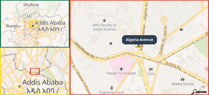 Map showing the address of Algeria Avenue in three different zoom levels.