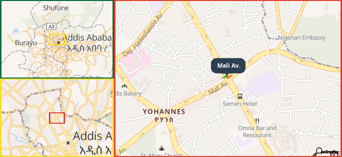 Map showing the address of Mali Av. in three different zoom levels.