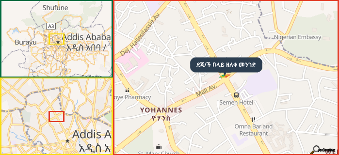 Map showing the address of ደጃ/ች በላይ ዘለቀ መንገድ in three different zoom levels.