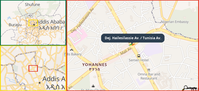 Map showing the address of Dej. Hailesilassie Av. / Tunisia Av. in three different zoom levels.