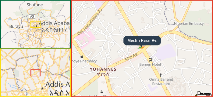 Map showing the address of Mesfin Harar Av. in three different zoom levels.
