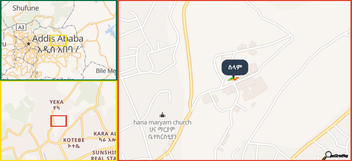Map showing the address of ሰላም in three different zoom levels.
