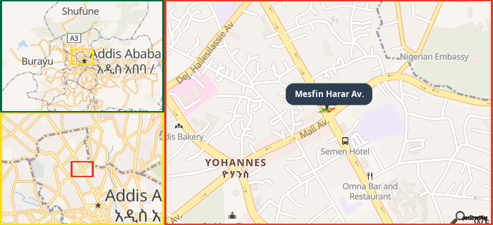 Map showing the address of Mesfin Harar Av. in three different zoom levels.