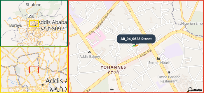 Map showing the address of AR_04_0628 Street in three different zoom levels.