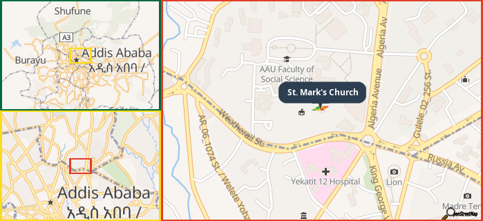 Map showing the address of St. Mark's Church in three different zoom levels.