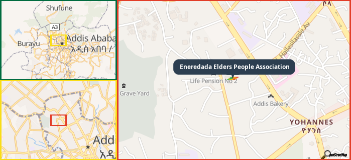 Map showing the address of Eneredada Elders People Association in three different zoom levels.