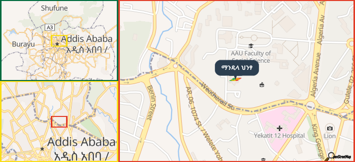 Map showing the address of ማንዴላ ህንፃ in three different zoom levels.