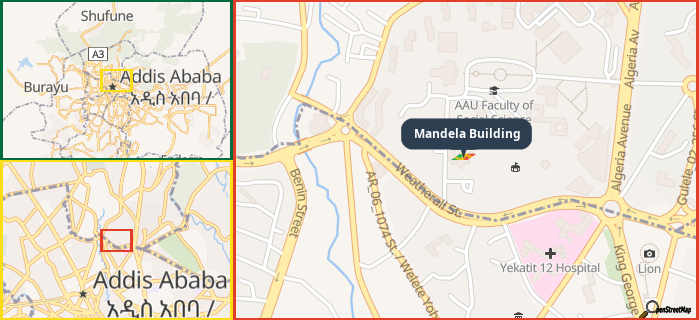 Map showing the address of Mandela Building in three different zoom levels.