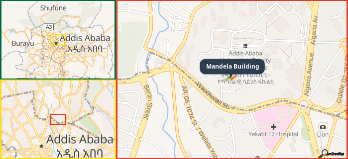 Map showing the address of Mandela Building in three different zoom levels.