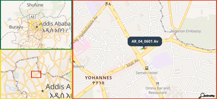 Map showing the address of AR_04_0601 Av in three different zoom levels.