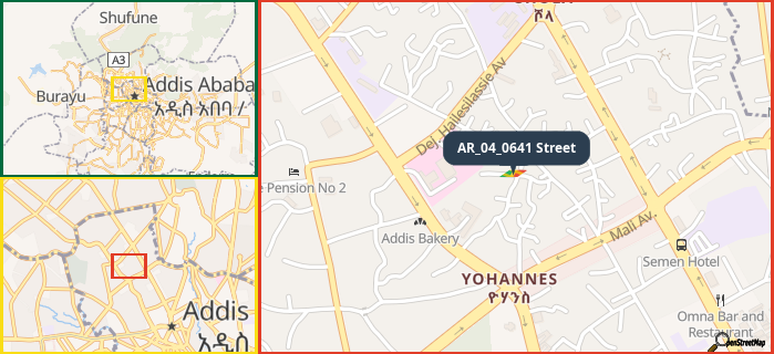 Map showing the address of AR_04_0641 Street in three different zoom levels.