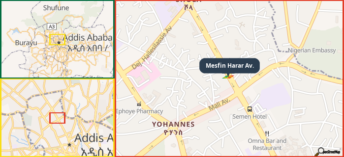 Map showing the address of Mesfin Harar Av. in three different zoom levels.