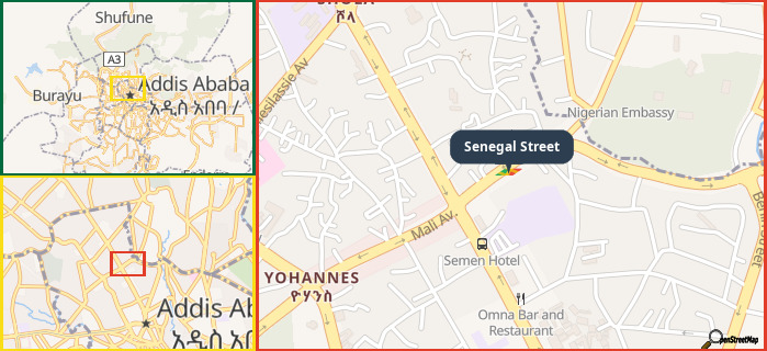 Map showing the address of Senegal Street in three different zoom levels.