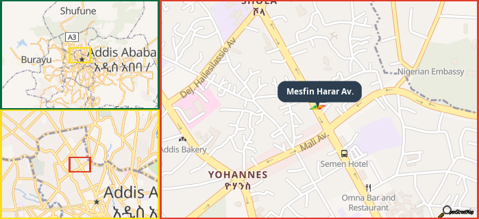 Map showing the address of Mesfin Harar Av. in three different zoom levels.