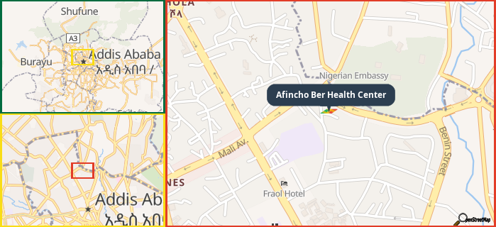 Map showing the address of Afincho Ber Health Center in three different zoom levels.