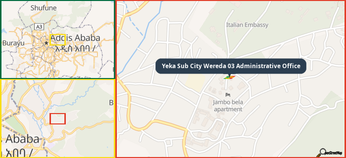 Map showing the address of Yeka Sub City Wereda 03 Administrative Office in three different zoom levels.