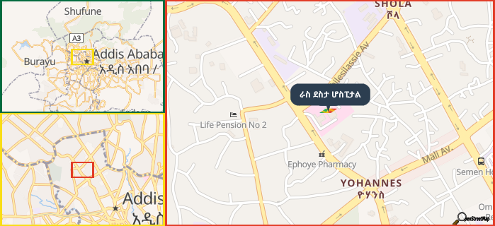 Map showing the address of ራስ ደስታ ሆስፒታል in three different zoom levels.