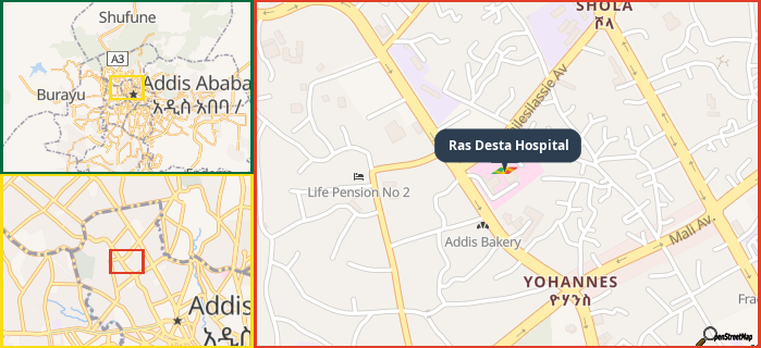 Map showing the address of Ras Desta Hospital in three different zoom levels.