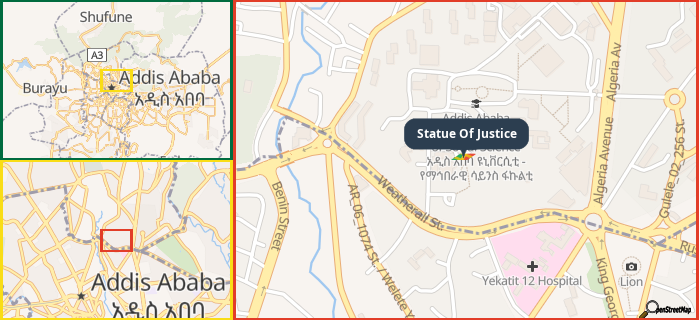 Map showing the address of Statue Of Justice in three different zoom levels.