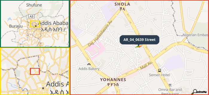 Map showing the address of AR_04_0639 Street in three different zoom levels.