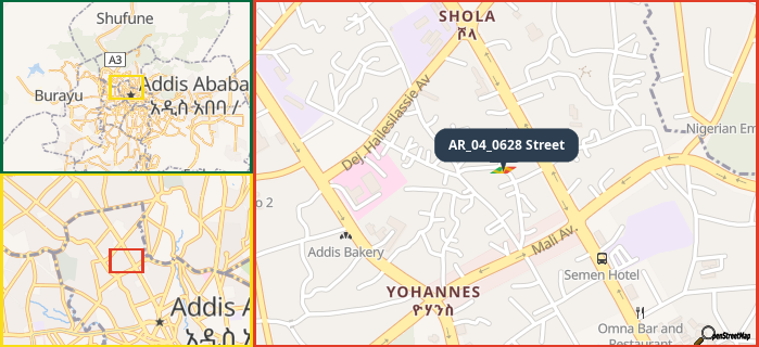 Map showing the address of AR_04_0628 Street in three different zoom levels.