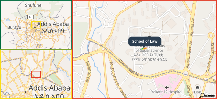 Map showing the address of School of Law in three different zoom levels.