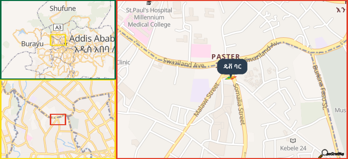 Map showing the address of ዴቭ ባር in three different zoom levels.