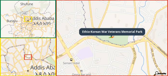 Map showing the address of Ethio-Korean War Veterans Memorial Park in three different zoom levels.