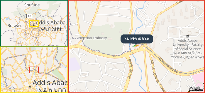 Map showing the address of አል-አቅሷ መስጊድ in three different zoom levels.