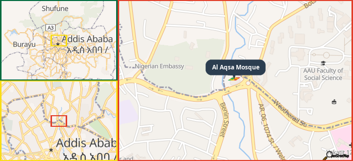 Map showing the address of Al Aqsa Mosque in three different zoom levels.